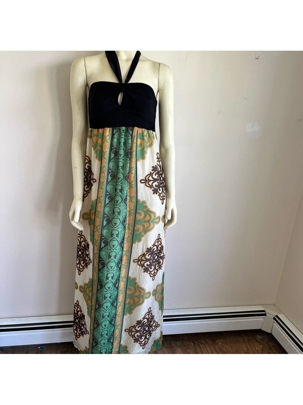 HALE Bob Women’s Gorgeous Printed Silk Halter Maxi Dress Boho Glam Green Brown S